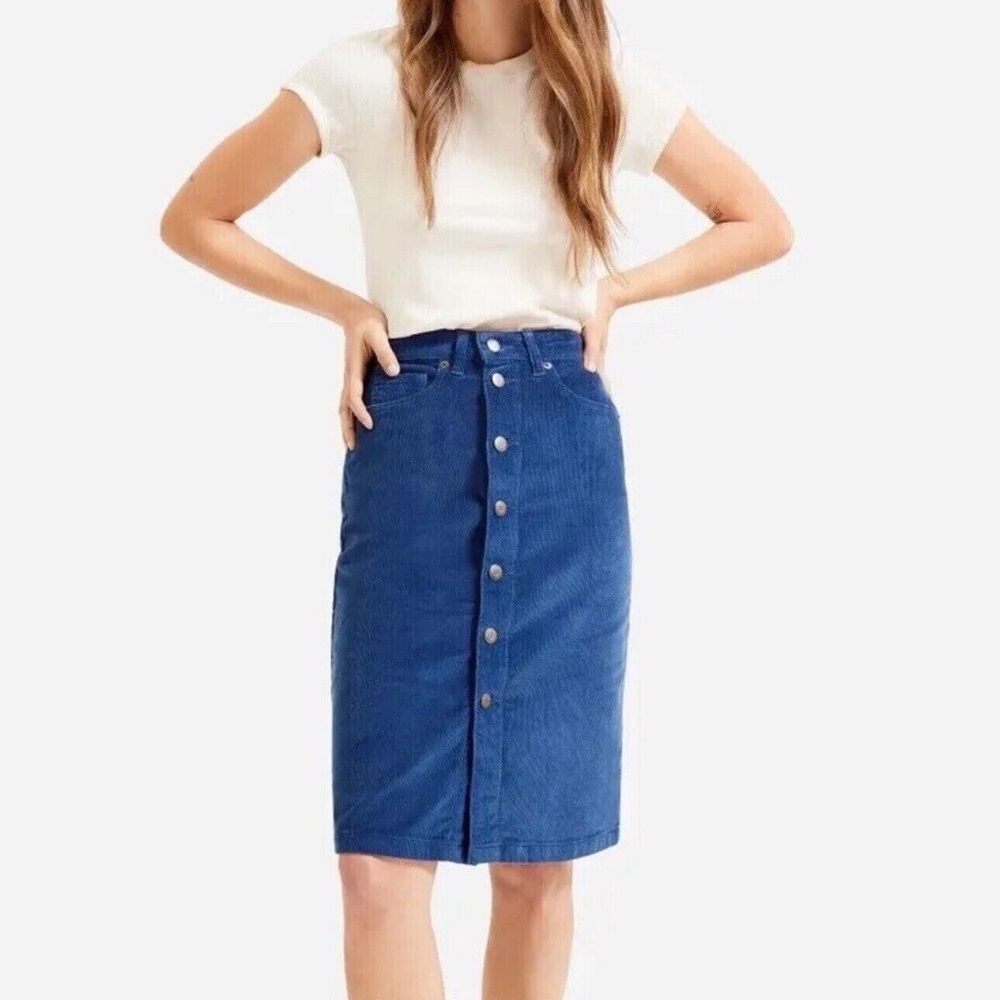 Everlane Blue Corduroy Button Front Knee Length Straight Skirt